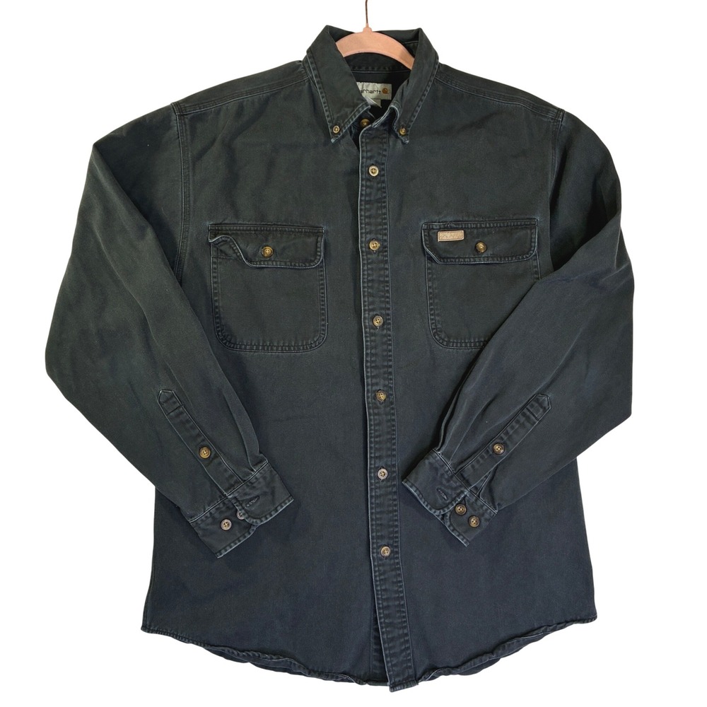 Carhartt Mens M Black Cotton Twill Long Sleeve Button Down Work Shirt 3242